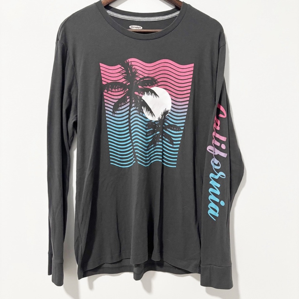 Old Navy Mens Gray Long Sleeve Tee Soft Wash Pink and Blue Graphic California‎ L